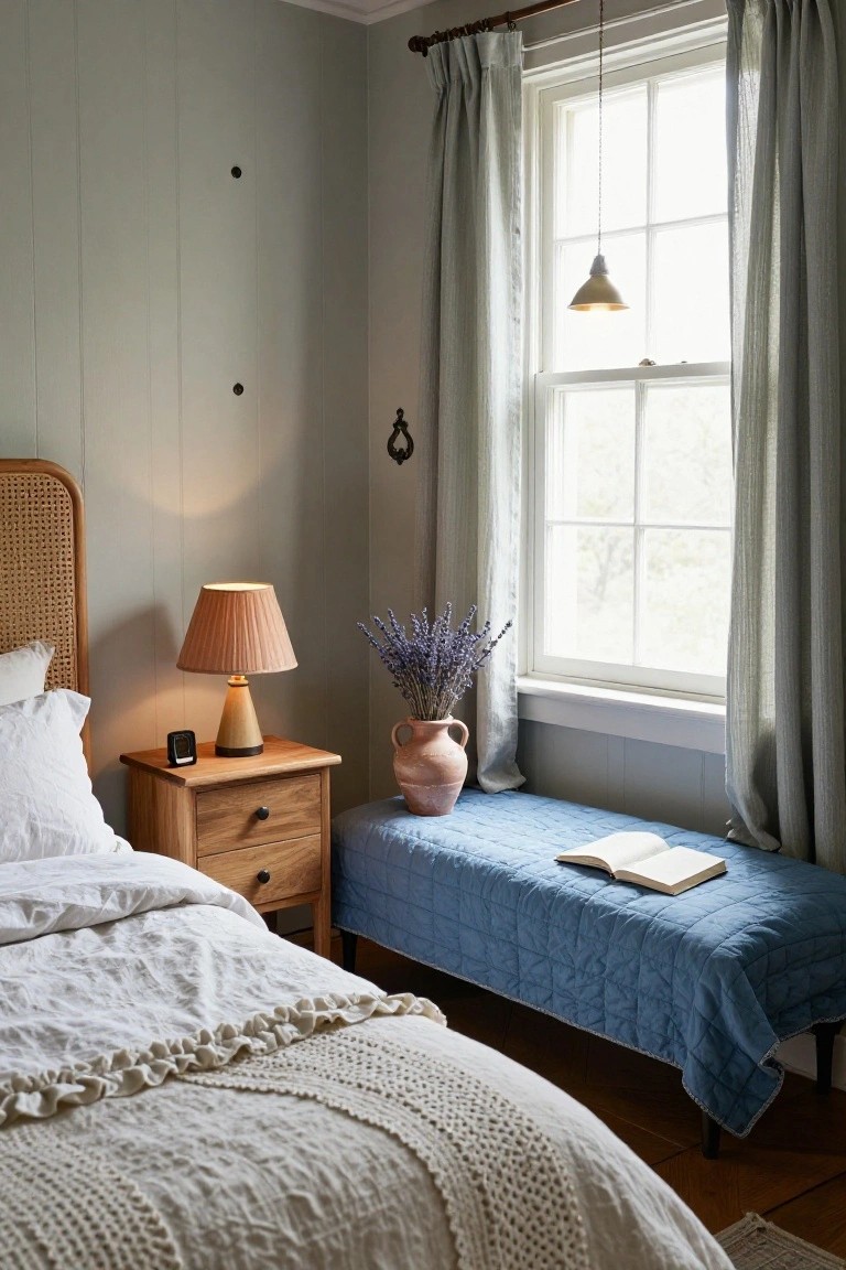Corner view of a bedroom with rattan headboard bed draped in white linens, wooden nightstand holding a lamp and clock, blue quilted bench under a window with an open book, lavender stems in terracotta pot on the sill, gray shiplap walls, and sheer gray curtains.