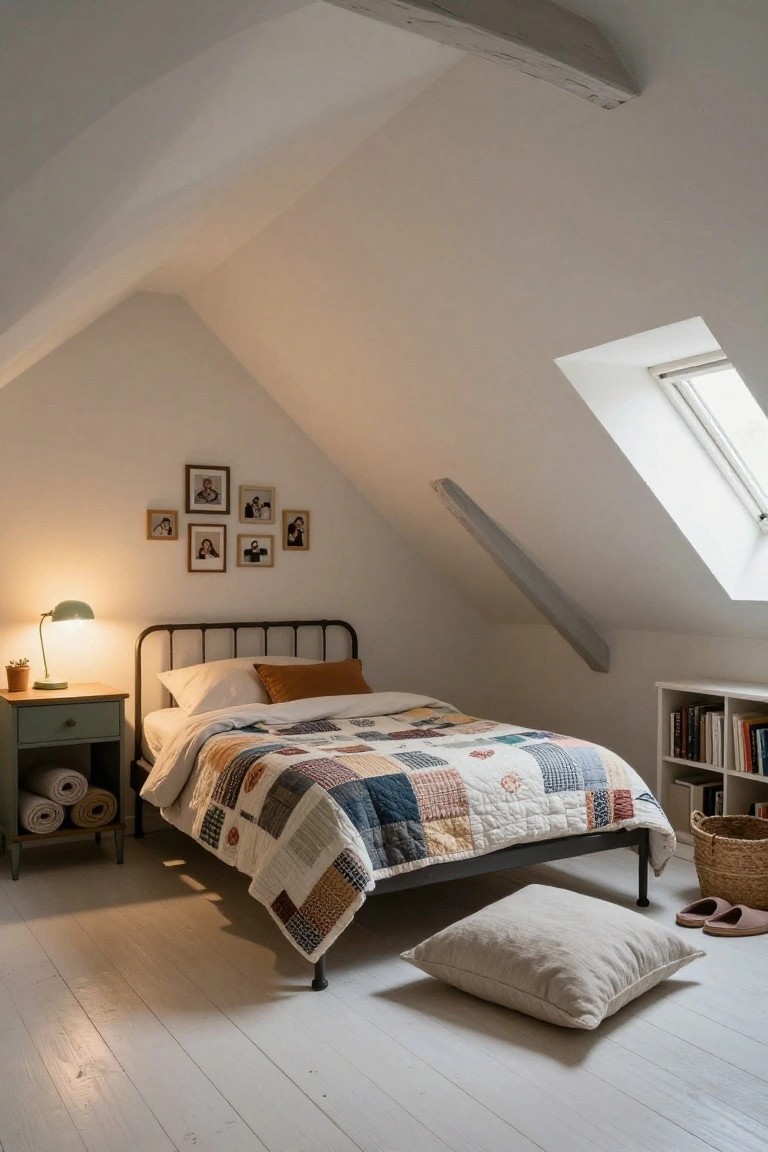 Attic bedroom with white sloped ceilings and skylights, black metal bed frame covered in colorful patchwork quilt, green lamp on wooden nightstand, cluster of family photos on wall, bookshelves, rolled towels in drawer, basket, and floor pillow.