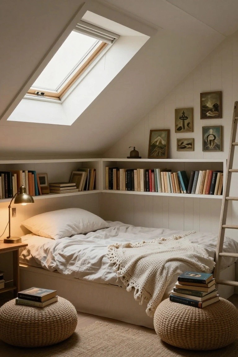 Small attic bedroom under sloped white ceilings with built-in wooden bookshelves along walls filled with books, a low bed with white sheets and knitted throw, brass lamp on bedside table, stacked books on two rattan poufs, and wooden ladder against wall.