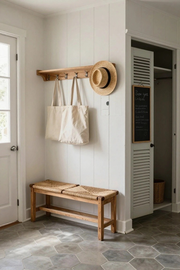 White shiplap entryway corner with wooden peg rack holding two canvas tote bags and a straw hat, rattan bench below, louvered closet doors, chalkboard sign, and hexagonal gray tile floor.