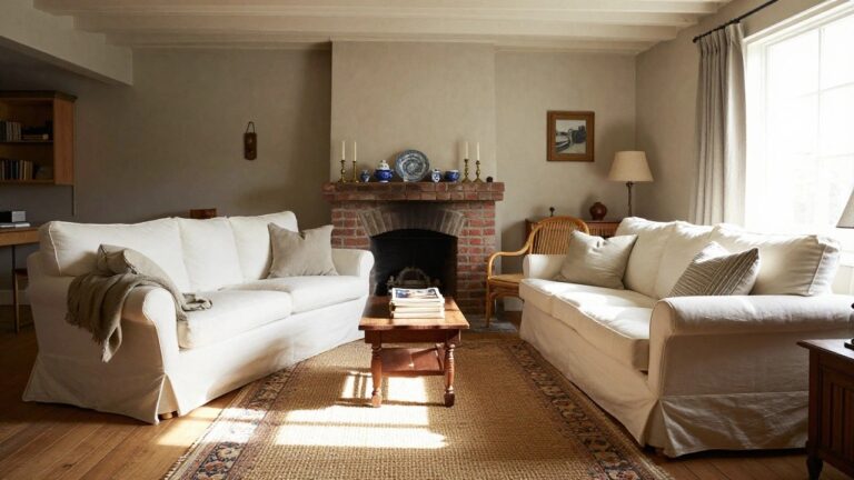 Living room with exposed whitewashed beam ceiling, brick fireplace mantel holding blue and white ceramic pots and bowls, white slipcovered sofa with cushions, wicker armchair, beige area rug, and hardwood floors.
