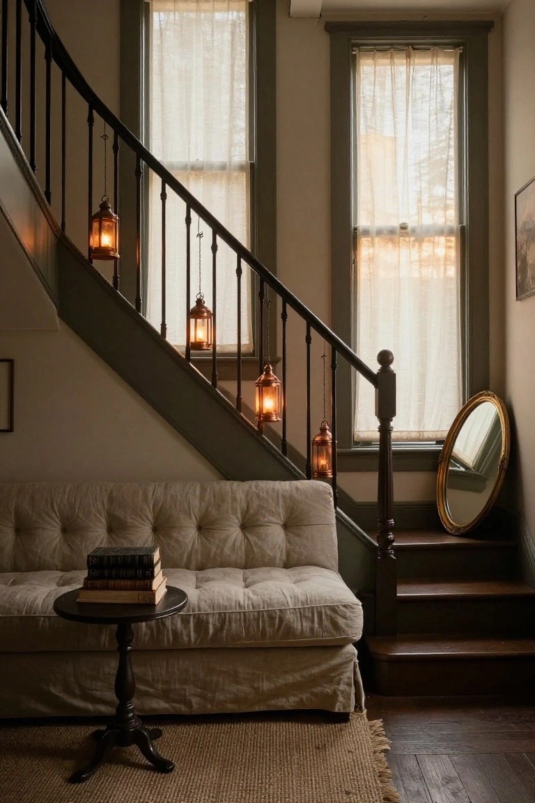Curved staircase with black iron banister and multiple hanging brass lanterns, next to a beige tufted sofa, wood side table with stacked books, antique round mirror, and tall windows with sheer curtains in a beige-walled room.