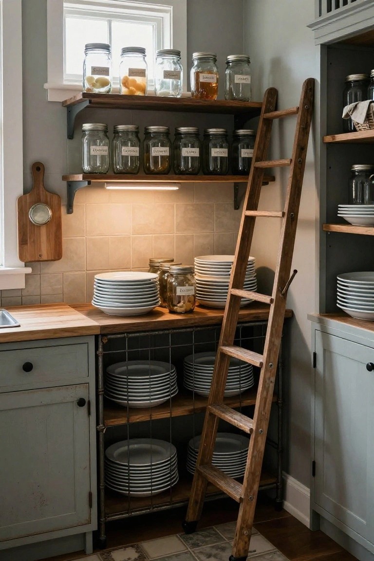 Kitchen corner with wooden leaning ladder shelf stacked with white plates on rungs, open wall shelves holding labeled jars, gray cabinets below, and wood countertop nearby.