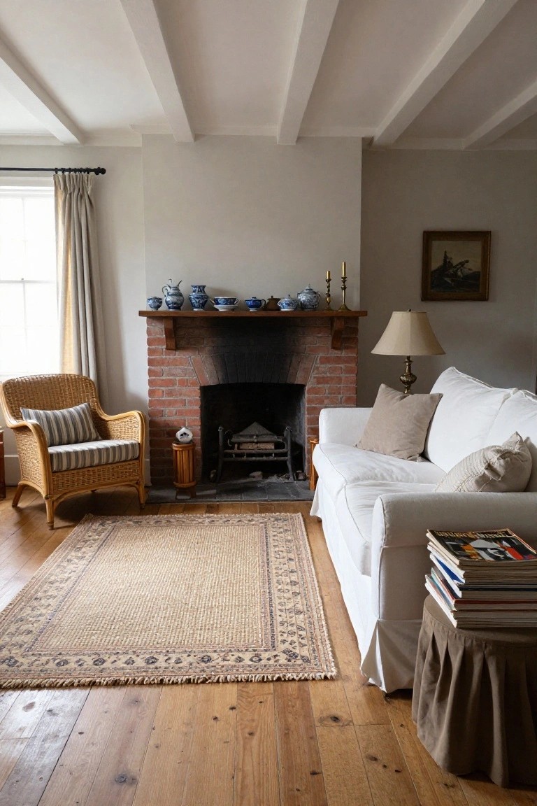 Living room with exposed whitewashed beam ceiling, brick fireplace mantel holding blue and white ceramic pots and bowls, white slipcovered sofa with cushions, wicker armchair, beige area rug, and hardwood floors.