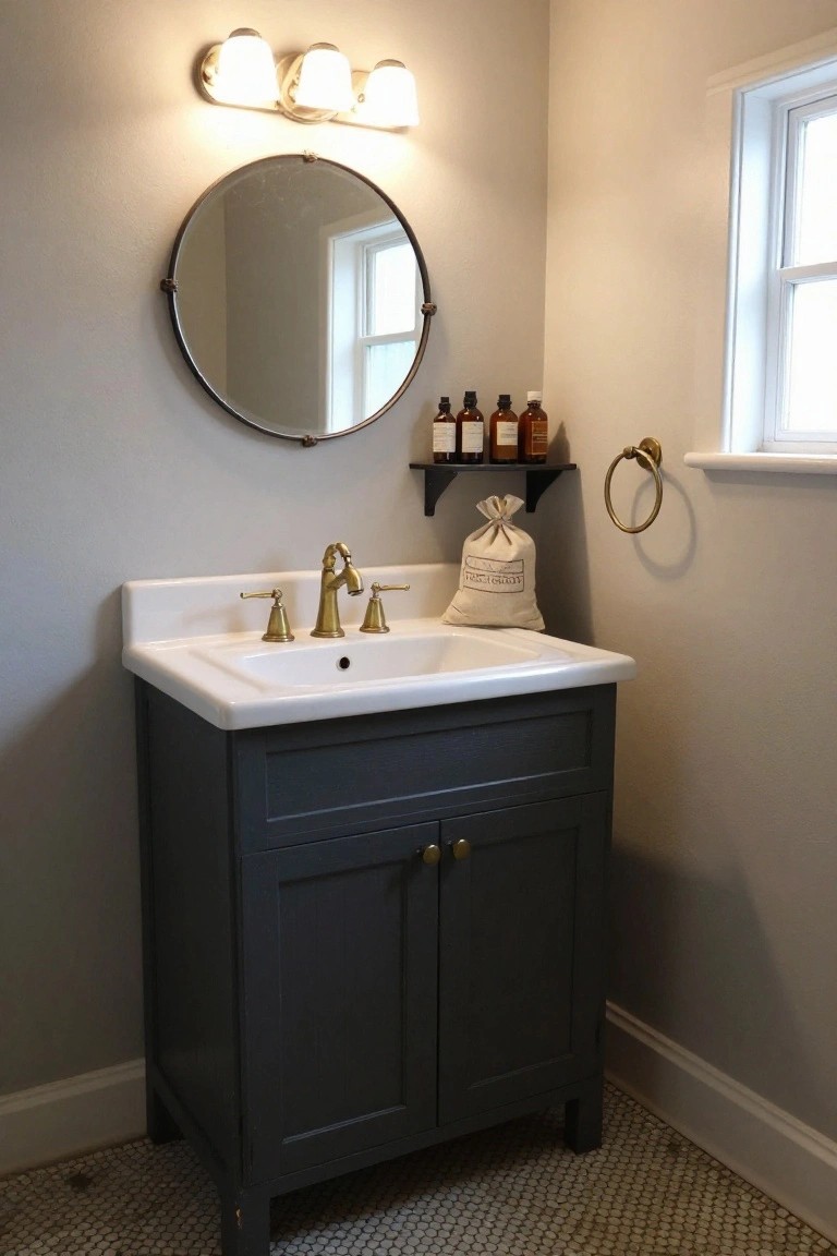 Small bathroom corner with navy shaker-style wooden vanity under white porcelain sink and brass faucet, round brass mirror on wall, shelf holding glass bottles, hanging muslin bag, towel ring, light walls, window, and black-and-white penny tile floor.