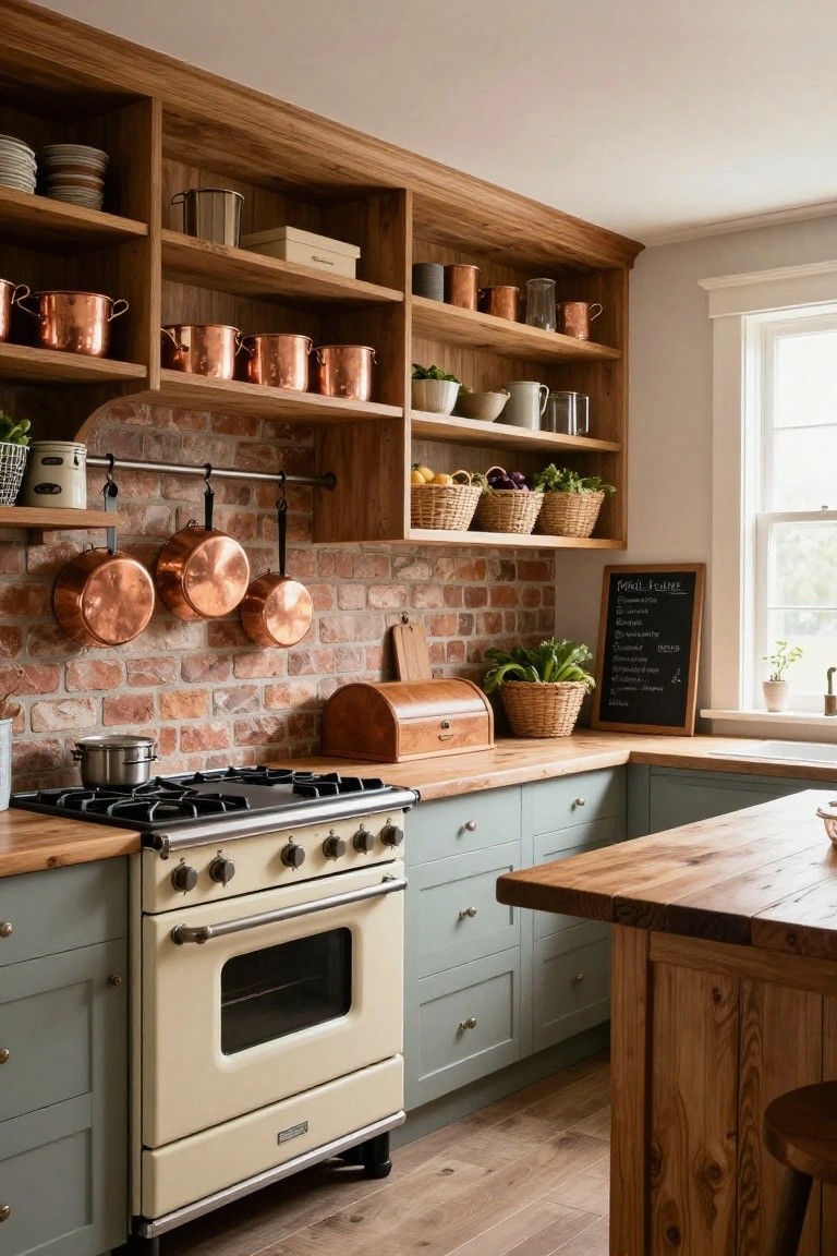 Farmhouse kitchen with wooden open shelving displaying copper pots, ceramics, and baskets, exposed brick backsplash with hanging copper cookware on a rail, sage green lower cabinets, wooden countertops, and cream range cooker.