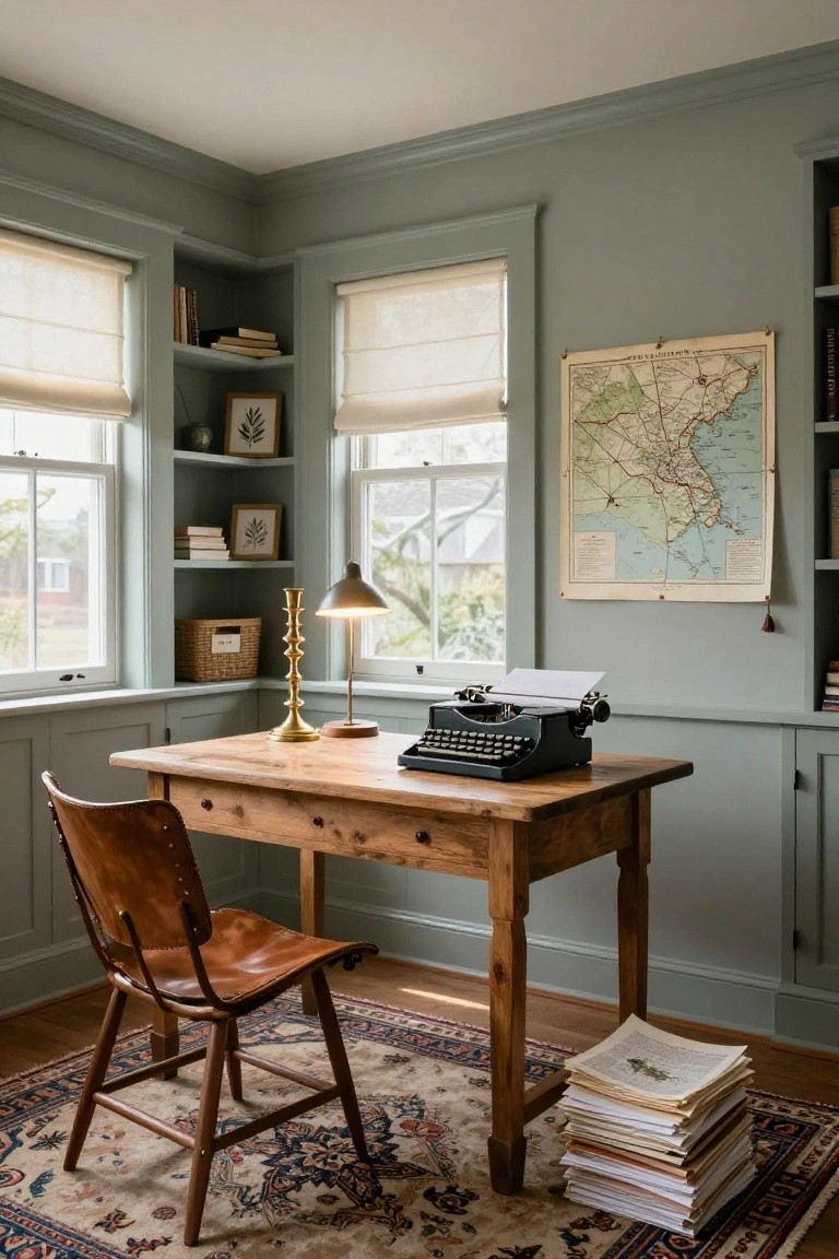 Corner of a sage green paneled home office with wooden desk, black typewriter, leather chair, built-in bookshelves, stacked papers on the floor, and windows with shades.