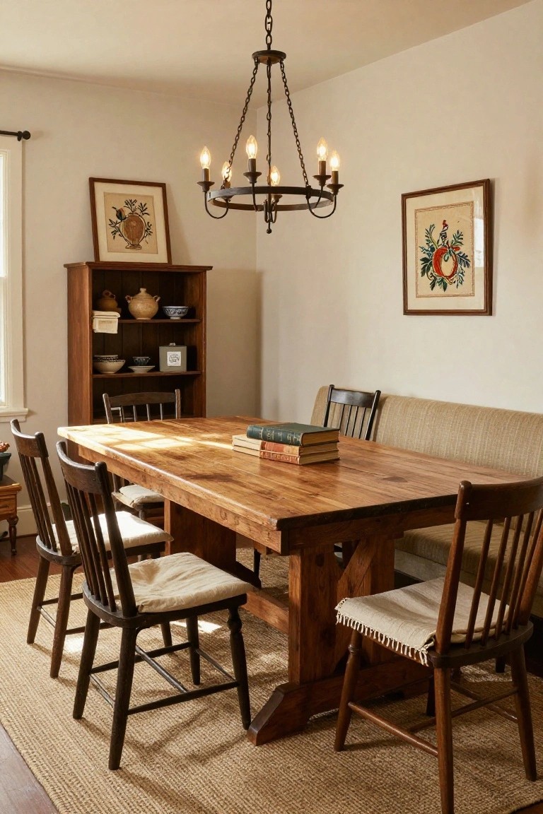 Dining room with a large rectangular wooden trestle table, wooden chairs and a cushioned bench, open bookshelf displaying pottery and books, wall art, and a hanging chandelier.