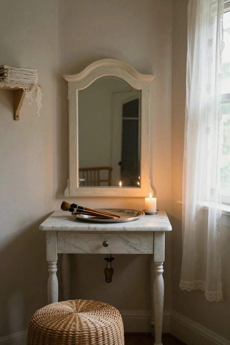 Tall gray painted armoire stands open in a bedroom corner with hats on shelves, hanging scarves, internal mirror, bench with throw below, nearby desk, lamp, and rug on wood floor.