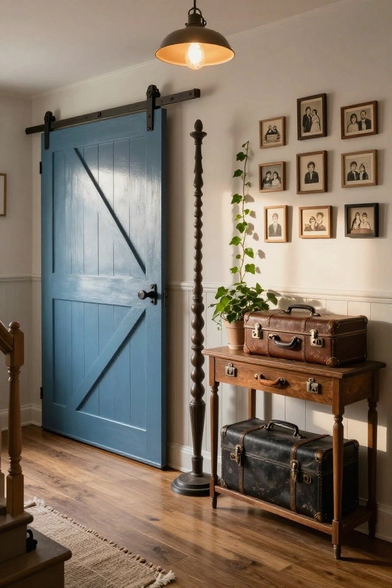 Hallway interior with a tall blue sliding barn door, wooden console table holding two stacked brown leather suitcases, potted plant on a tall floor lamp stand, and multiple small framed black-and-white family photos on the wall.