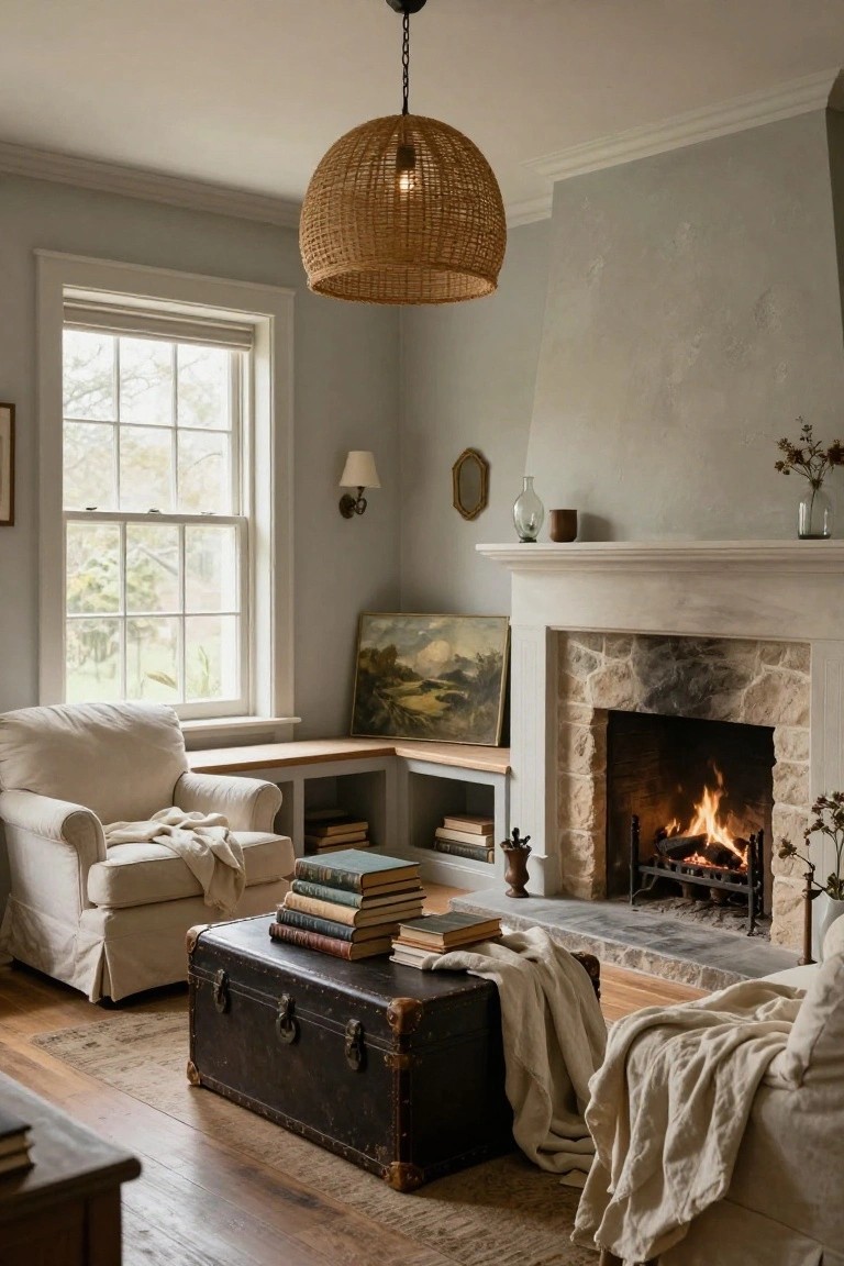 Cozy living room corner with cream armchairs, black vintage trunk coffee table stacked with books and throws, stone fireplace with fire burning, rattan pendant light, wooden bench, large window, and light gray walls.