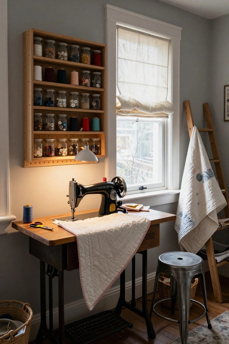 Wooden wall shelves mounted in a gray-walled sewing room, filled with glass jars of colorful thread spools, buttons, and bobbins, next to a black treadle sewing machine on a wooden table with a white quilt draped over it.