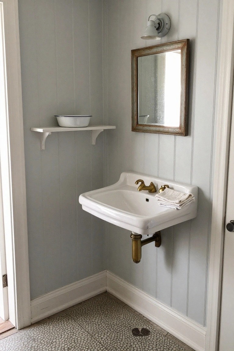 Corner view of a pale blue beadboard-paneled bathroom with white wall-mounted porcelain sink, brass faucets and trap, wooden shelf holding a white bowl, antique mirror, and gray pebble floor tile.
