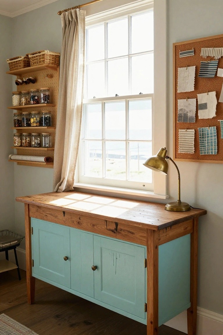 Wooden desk with turquoise doors under sunny window beside pegboard shelves and fabric corkboard
