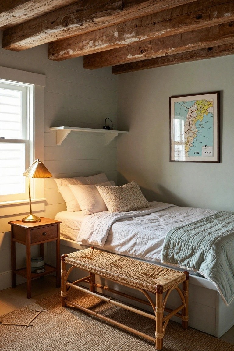 A coastal cottage bedroom with a bed, woven rattan bench at the foot, wooden nightstand, exposed ceiling beams, and a framed map on the wall.