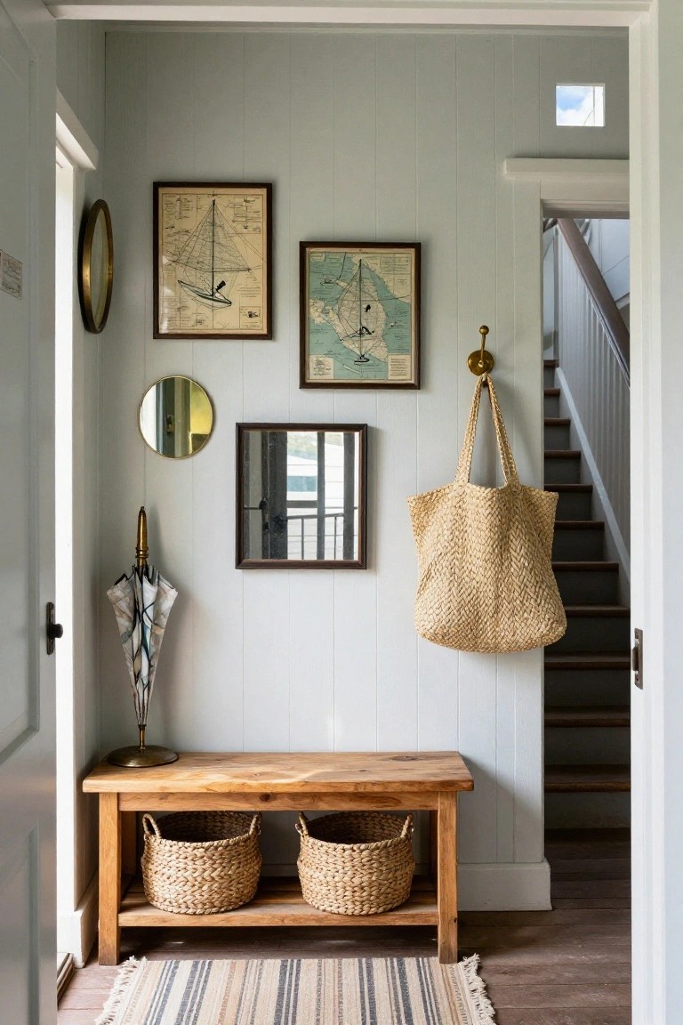 A wooden bench with two woven baskets underneath sits in a light blue paneled entryway next to a staircase, with framed nautical prints on the wall and a woven tote hanging from a hook.