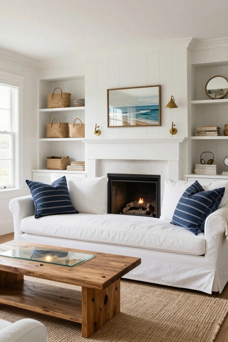 A bright white living room with a fireplace centered between built-in shelves holding woven baskets and books, and a white slipcovered sofa with blue striped pillows in front.