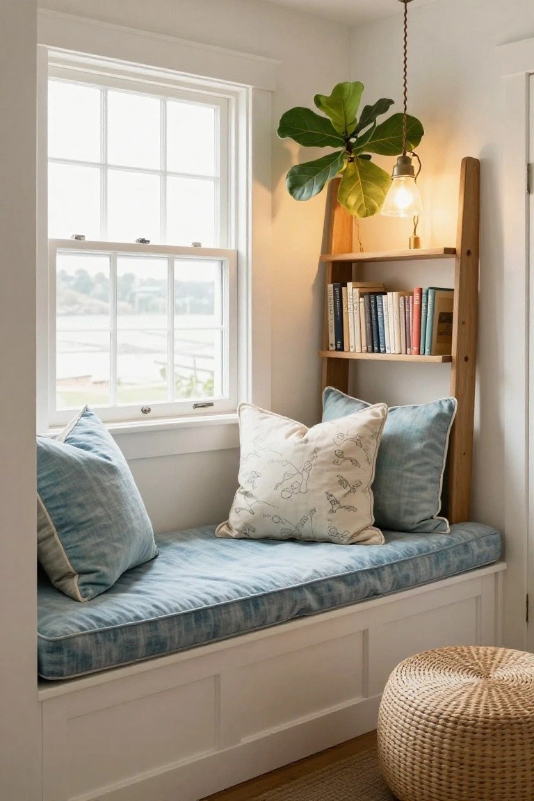 A built-in window seat with a blue cushion and several pillows sits beneath a white multi-paned window, next to a wooden ladder shelf holding books and a hanging light.