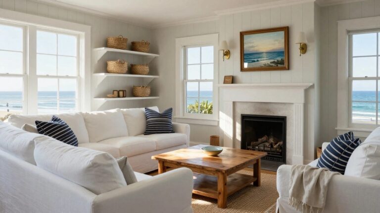A bright white living room with a fireplace centered between built-in shelves holding woven baskets and books, and a white slipcovered sofa with blue striped pillows in front.