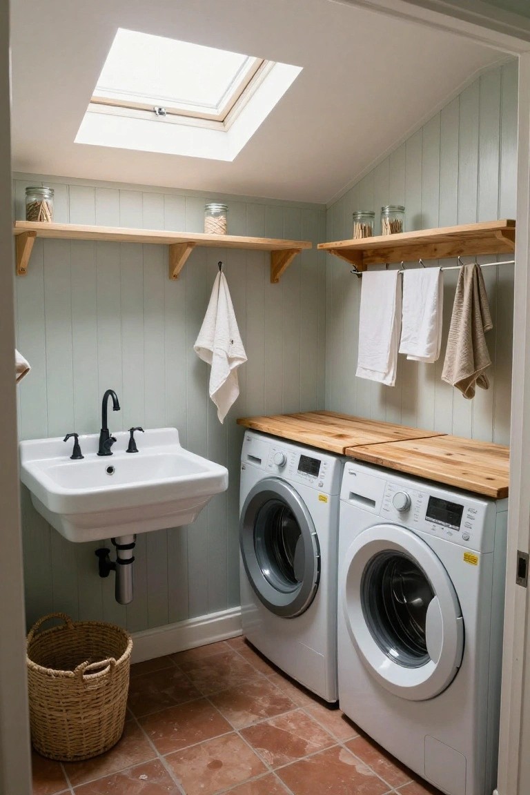 A compact laundry room with two front-loading white washing machines under a wooden countertop, a wall-mounted metal rail holding several towels, open wooden shelves on a light green paneled wall, a white wall-mounted sink, and a woven basket on terracotta tile flooring.
