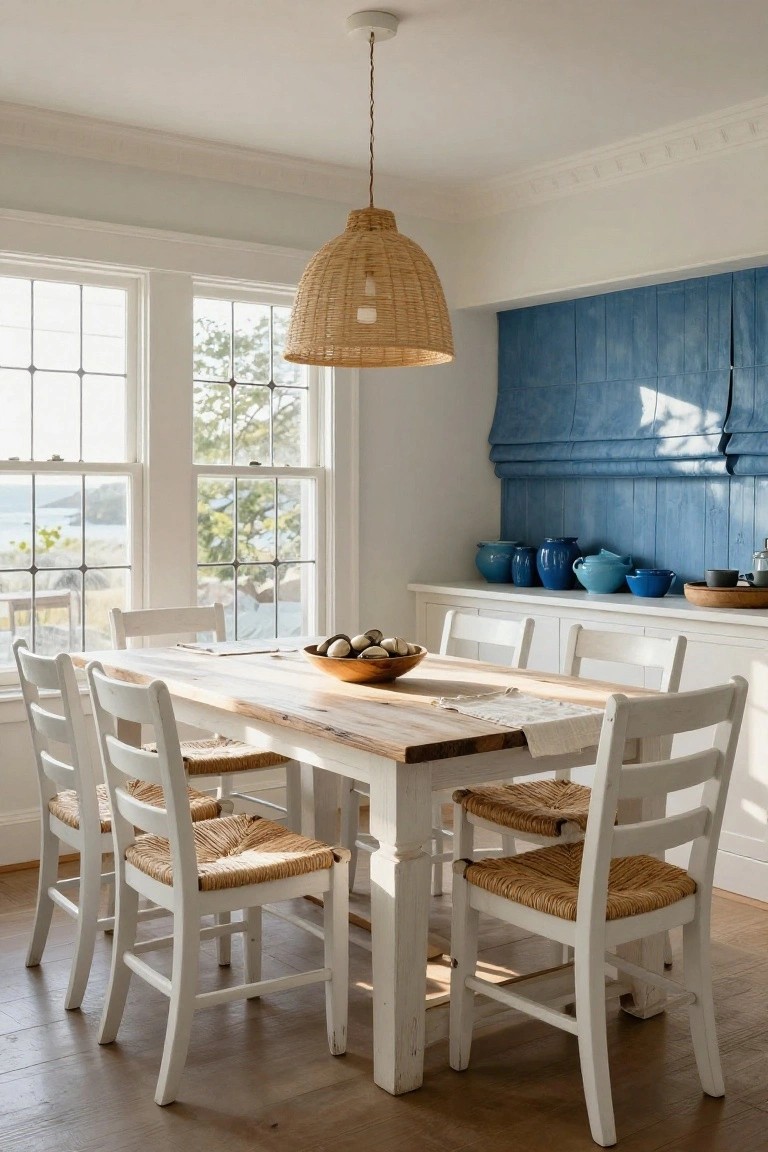 A coastal dining room with a rustic wooden table, white chairs with woven rush seats, a large woven pendant light, blue tiled backsplash, and large windows overlooking the water.