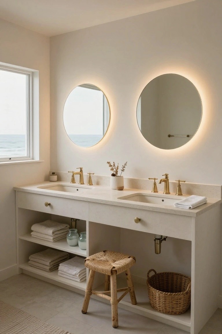 A long double vanity with two undermount sinks, round backlit mirrors, brass faucets, and open lower shelves holding stacked towels and a woven stool.