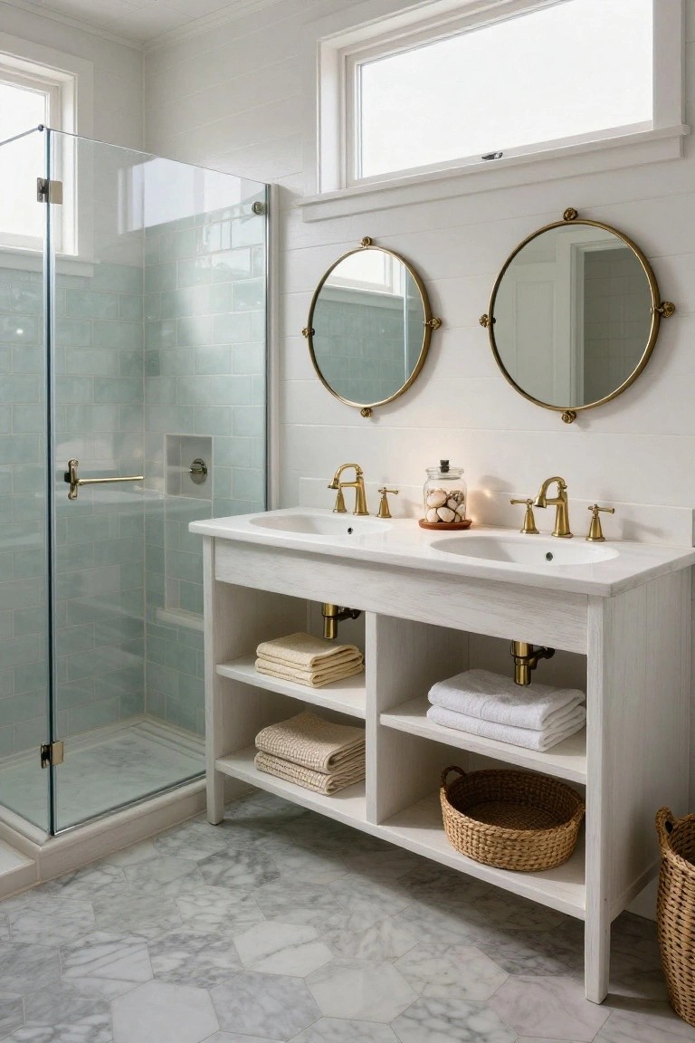 A bathroom with a white double vanity featuring open lower shelves holding folded towels and woven baskets, two round brass mirrors above, and a glass-enclosed shower with light blue tile to the left.