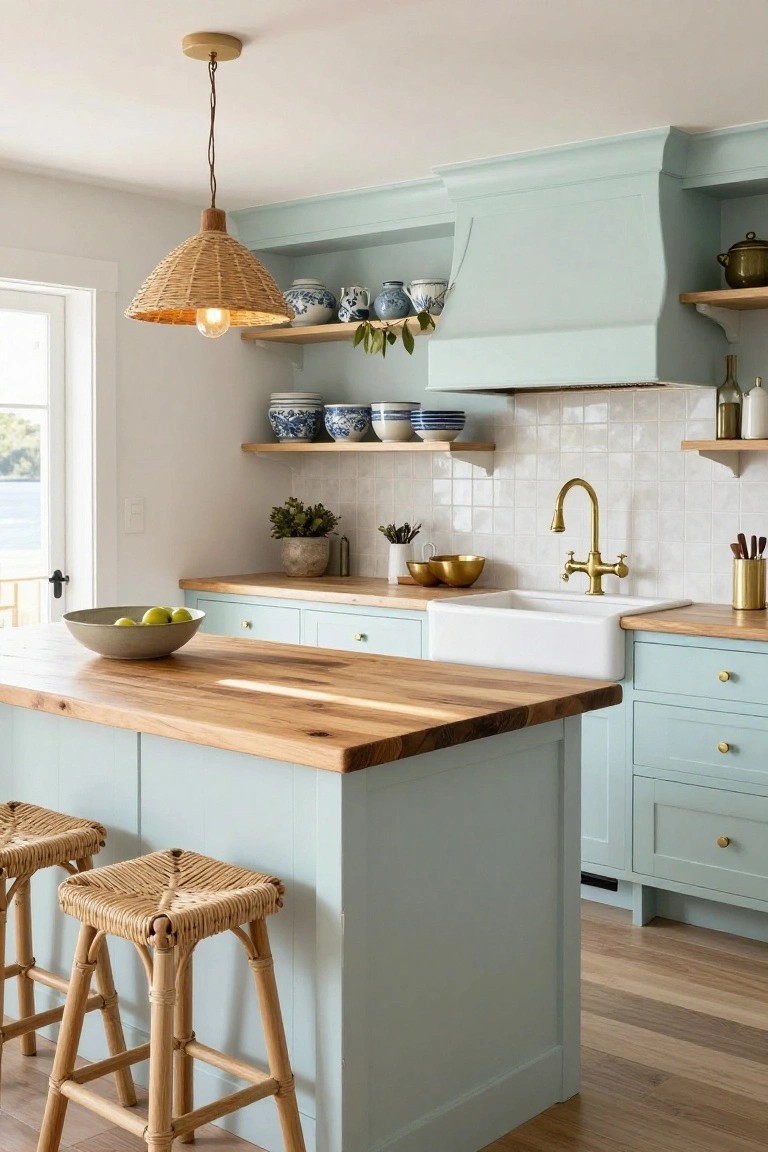 Light blue kitchen island with wooden top, woven stools, and pendant light