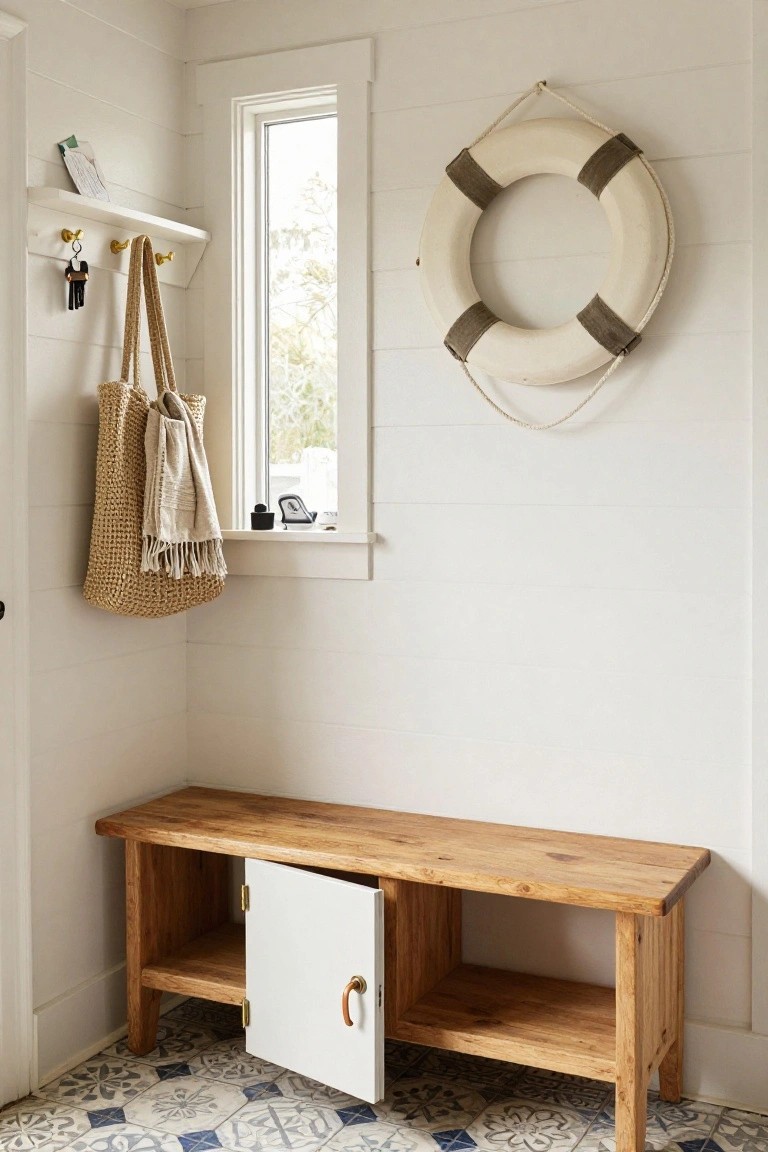 Coastal entryway with wooden storage bench, life preserver, and woven tote by window