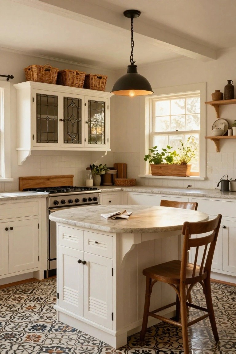 A bright kitchen with a white central island topped in marble, wooden bar stools, glass-front upper cabinets, and a black dome pendant light above the island.