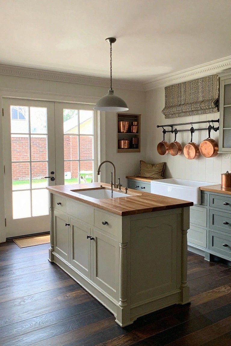 A spacious kitchen with a large sage green island topped in wood, a white farmhouse sink on the right, copper cookware on display, and French doors on the left.