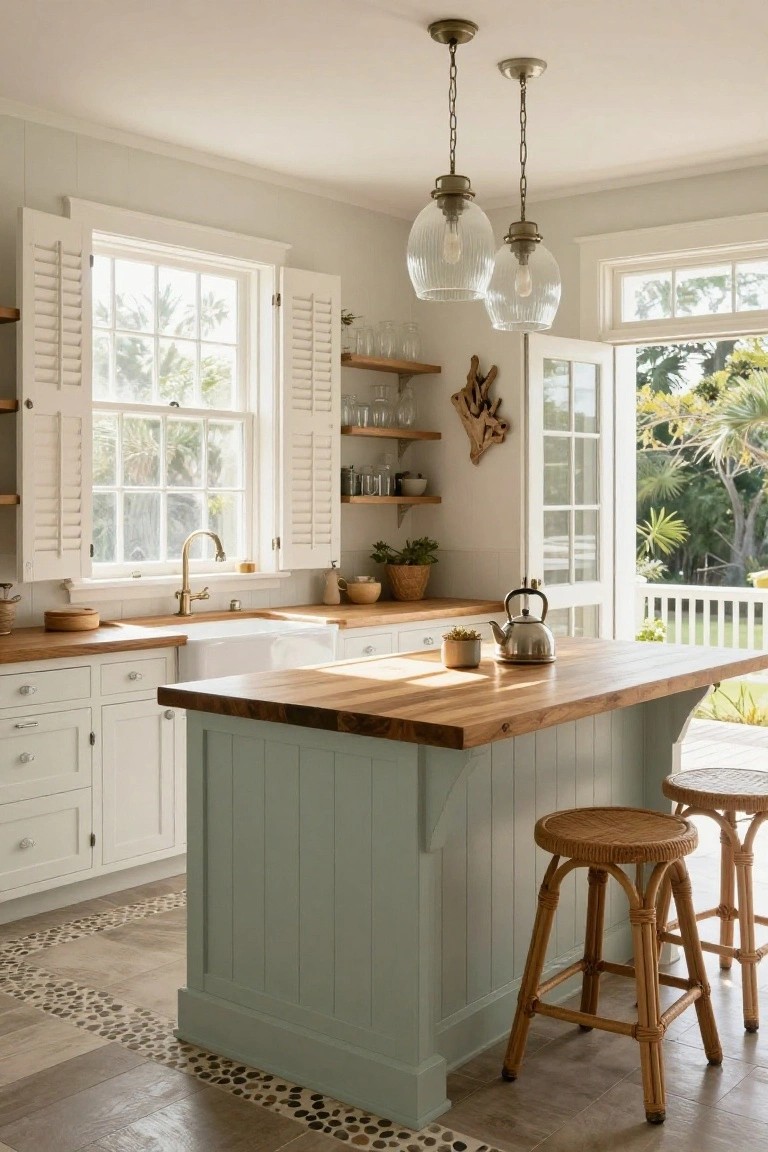 Sunlit kitchen with sage green island, wood countertop, and rattan stools.
