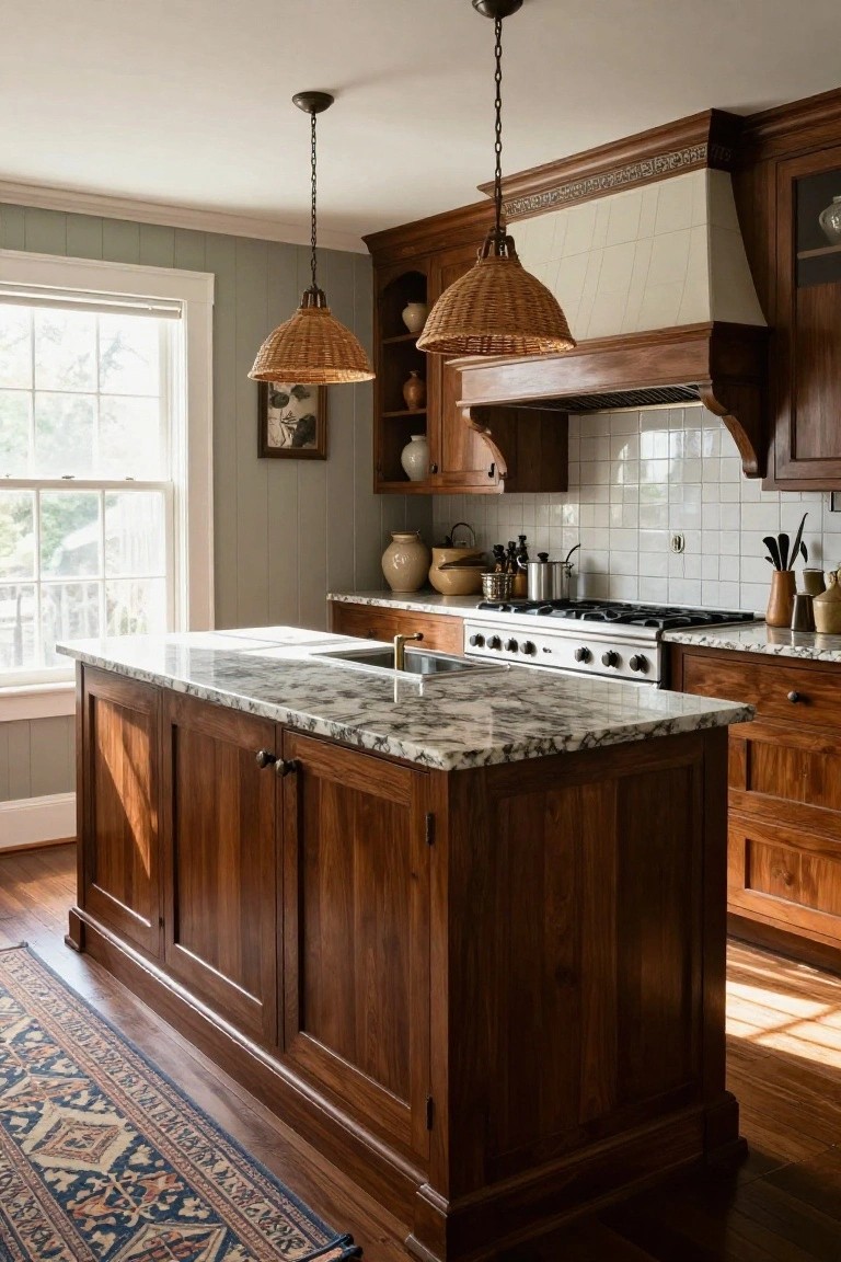 A kitchen interior showing a large dark wood island with marble countertop, white subway tile backsplash, and wooden range hood.