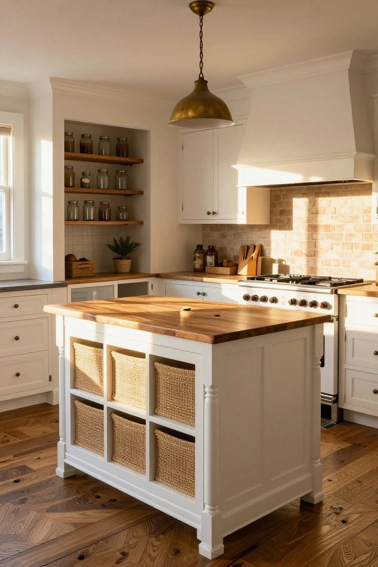 A white kitchen island with a wooden countertop and six woven baskets stored in open cubbies, set in a bright traditional kitchen with brick backsplash.