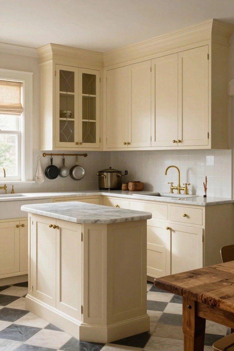 A kitchen with cream painted cabinets, brass hardware, a marble island, and a black and white checkered floor.