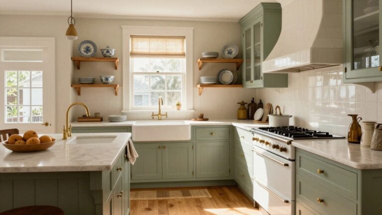 15 Charming Southern Kitchen Ideas with Timeless Traditional Details Kitchen corner with sage green cabinets, white farmhouse sink, and three wooden open shelves holding stacks of blue and white dishes.
