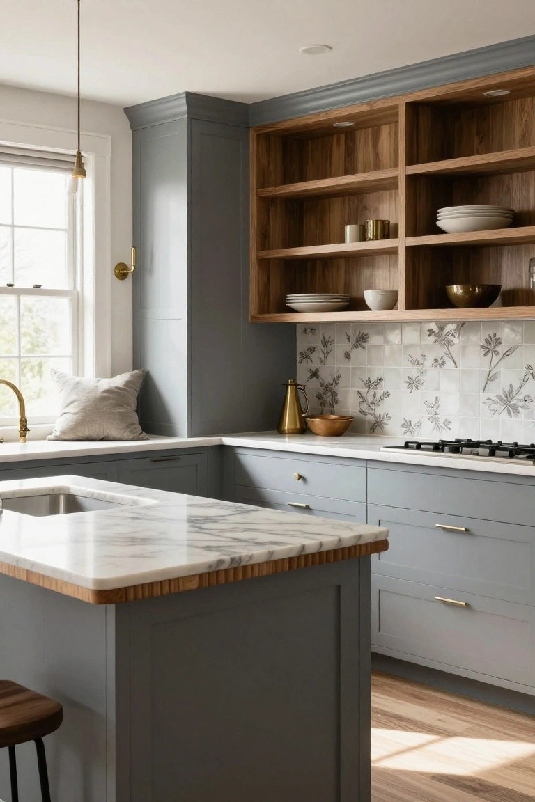 Modern kitchen with gray cabinets, marble island, wooden shelves, and floral backsplash.