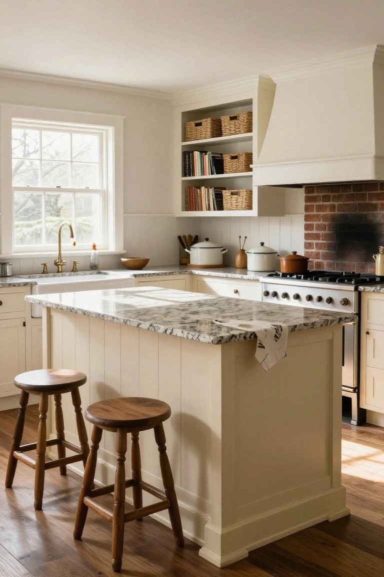 A bright kitchen with a marble-topped island, two wooden stools, white cabinetry, open shelving holding baskets and books, and a stove area beside a brick chimney.