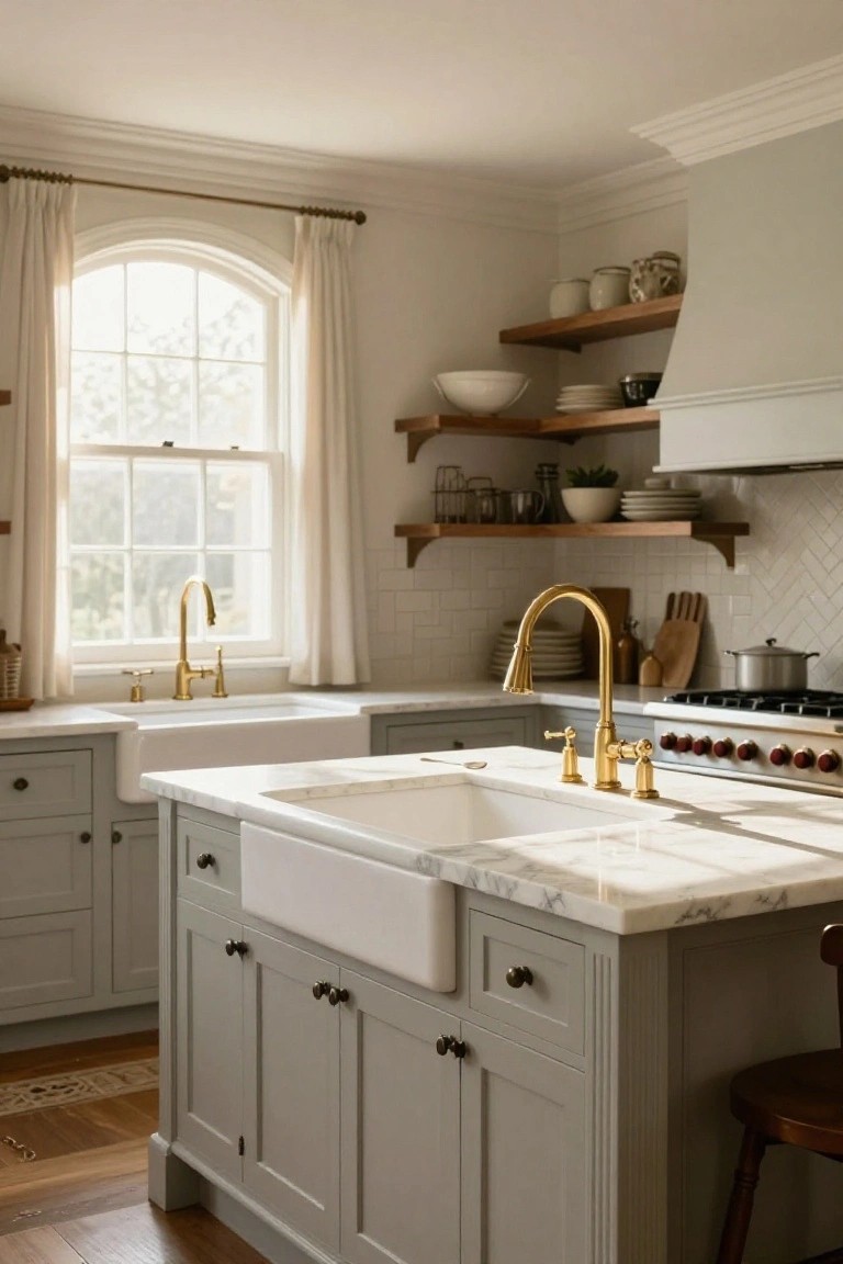 A kitchen with gray cabinetry, white farmhouse sinks, gold faucets, marble countertops, and wooden floating shelves holding dishes and kitchenware.