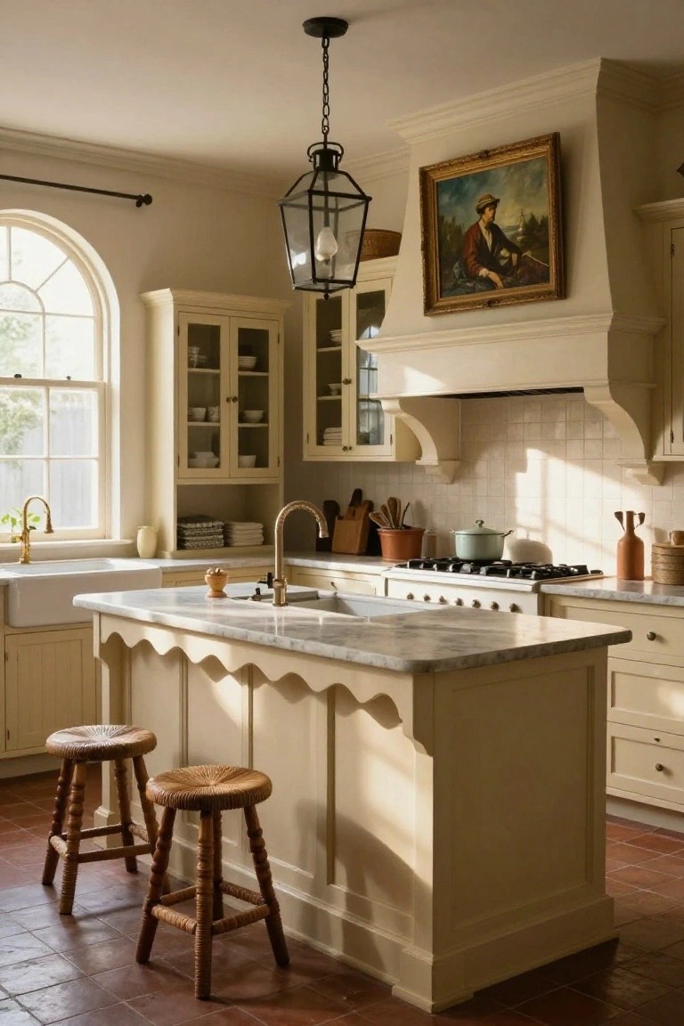 A kitchen interior with a large central island featuring a scalloped base, marble countertop, two woven stools, cream cabinetry, and a white farmhouse sink under an arched window.