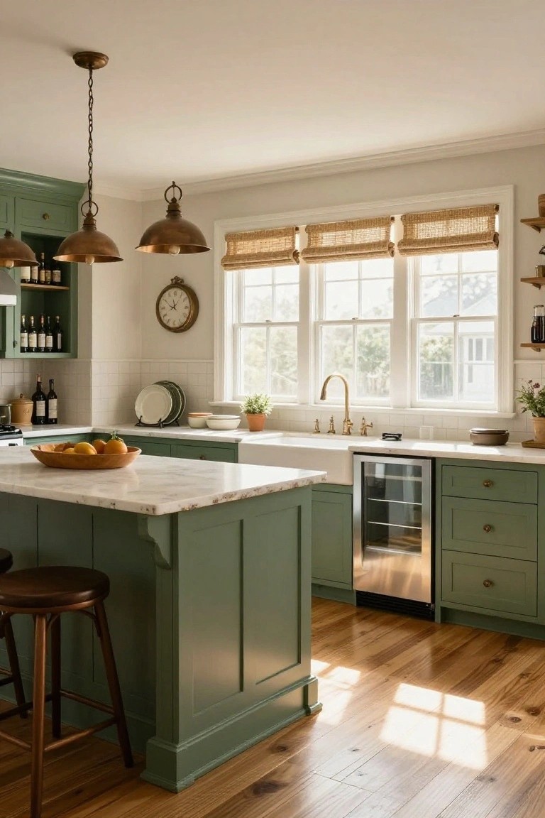 A bright kitchen featuring sage green cabinets, a white marble island with a wooden bowl of fruit, brass pendant lights, and a farmhouse sink beneath three windows with woven shades.