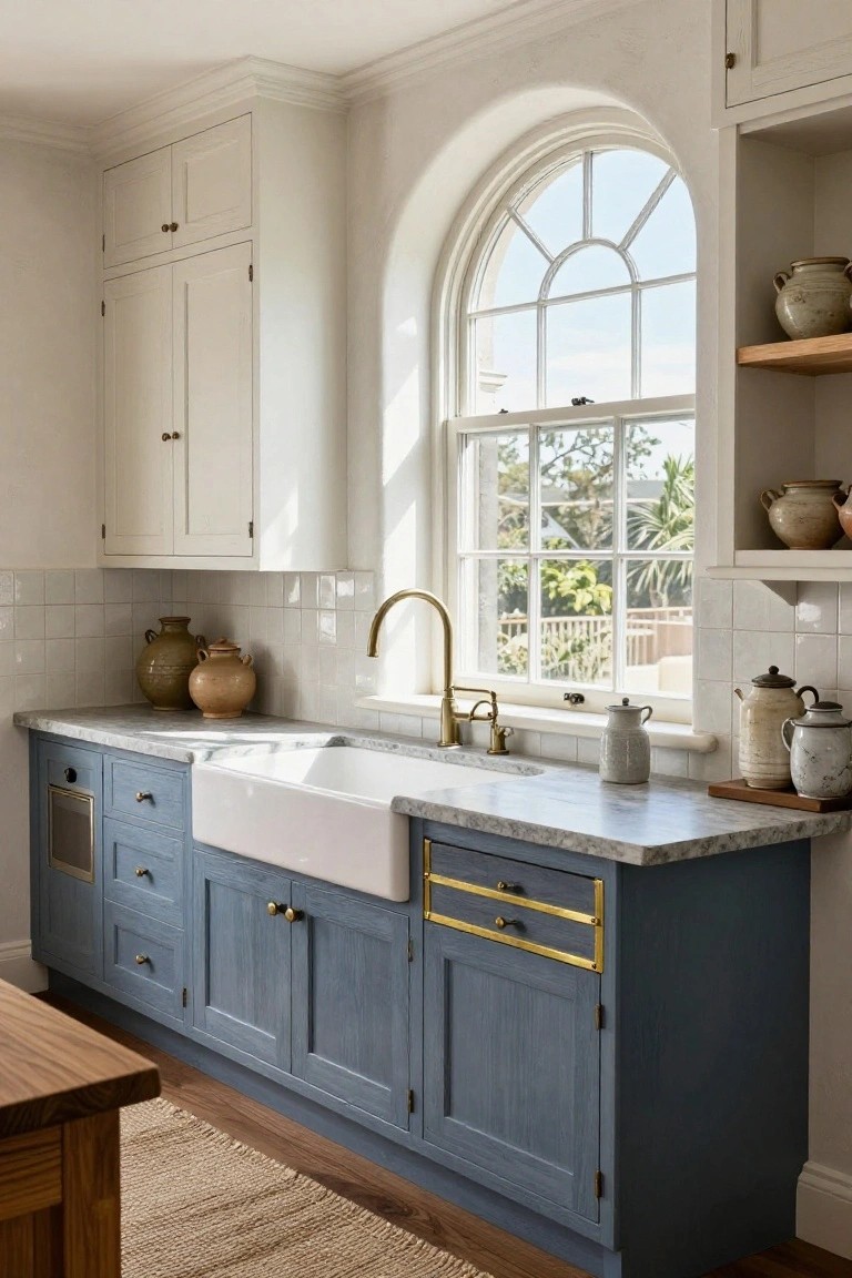 Kitchen with blue lower cabinets, white upper cabinets, a white farmhouse sink, marble countertops, and an arched window above the sink.