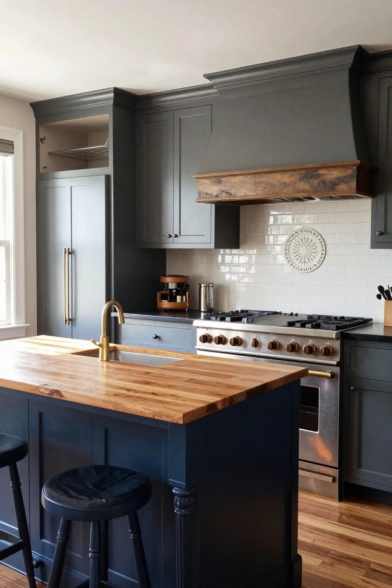 A kitchen interior with dark gray cabinets, a stainless steel range, and a wooden range hood mounted above it.