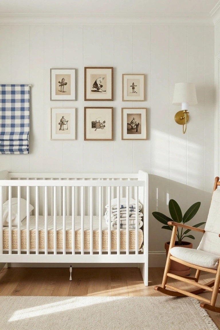White crib beneath six framed illustrations beside wooden rocking chair and potted plant.