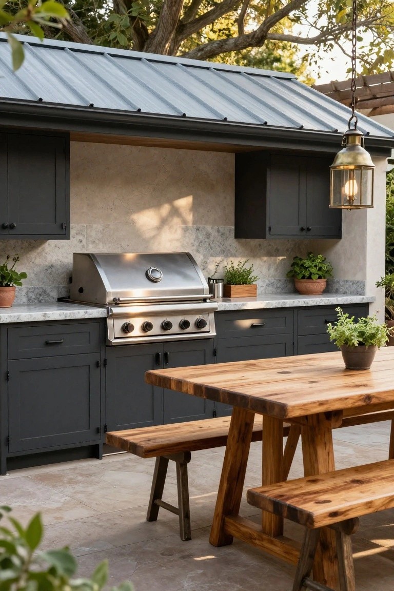 Outdoor kitchen with stainless steel grill, dark gray cabinets, stone counters, and a wooden table with benches under a metal roof.
