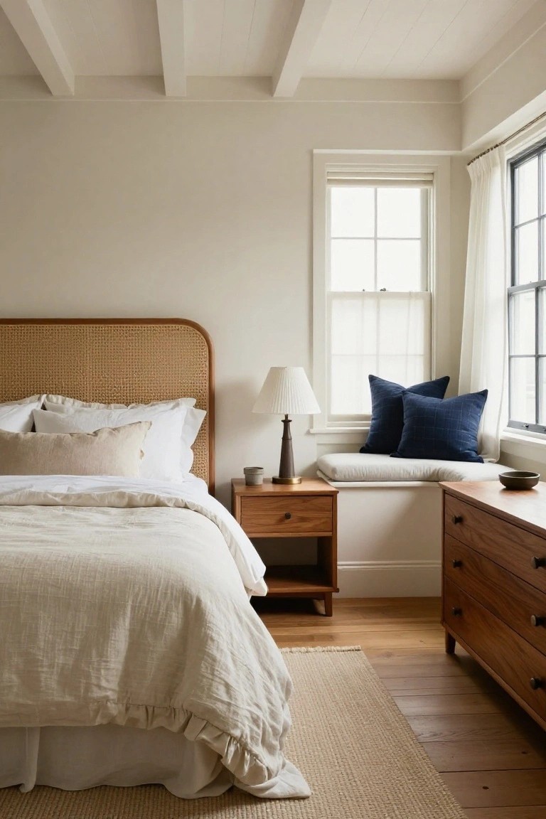 Cozy bedroom with rattan headboard, white linens, wooden nightstand, and blue window pillows