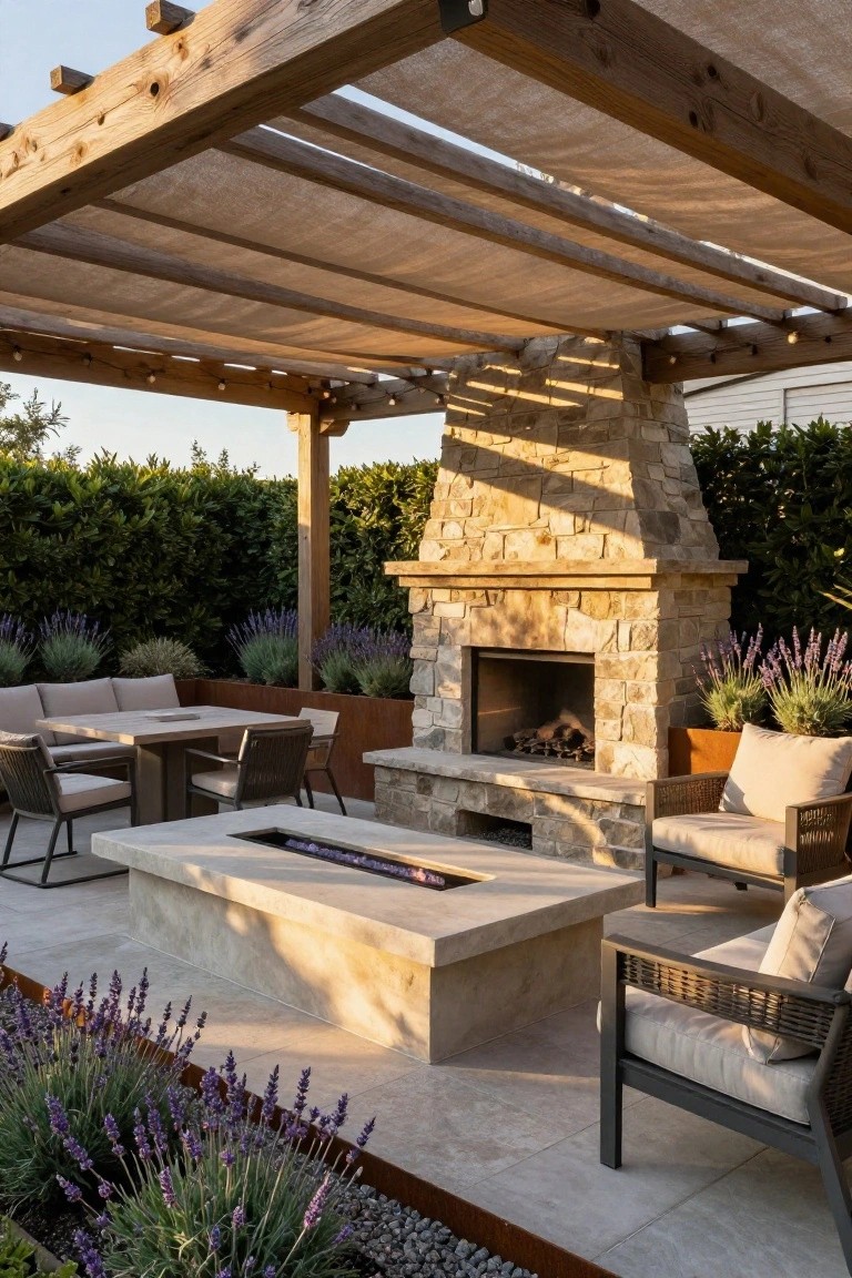 A patio with a large stone fireplace, a concrete fire pit table, cushioned chairs, and a wooden pergola covered by fabric shade.