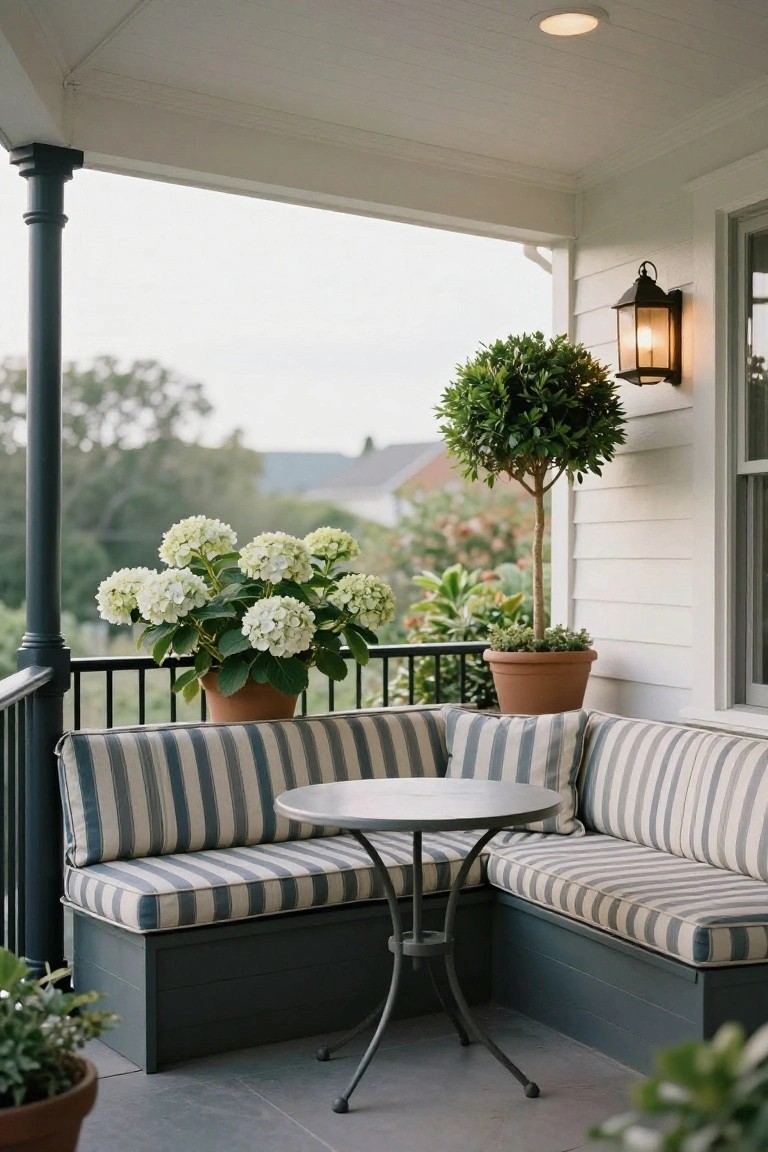 Cozy porch nook with striped bench cushions, round table, and potted hydrangeas.