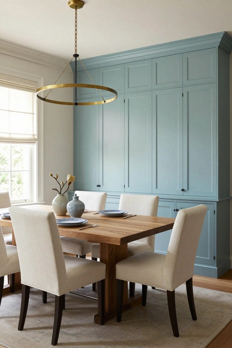 A dining room featuring a wooden table with upholstered chairs, a large wall of light blue built-in cabinets, and a modern circular pendant light.