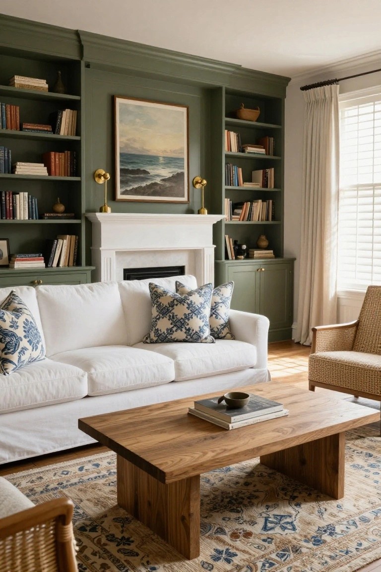 A living room featuring built-in bookshelves painted green on both sides of a white fireplace, with a white sofa and wooden coffee table in front.